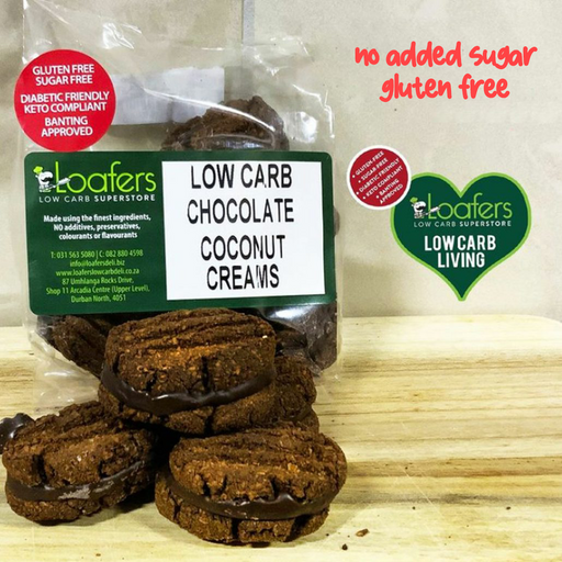 packet and display of low carb gluten free no added sugar chocolate coconut creams biscuits. Suitable for Diabetics, Keto and Banting