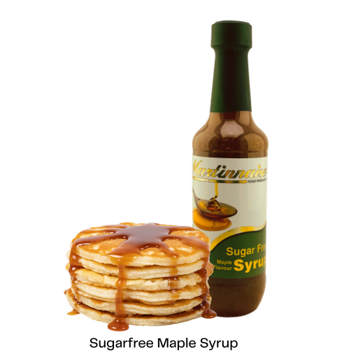 Bottle of sugarfree, dairy free, gluten free maple flavoured syrup from Martinnaise. 