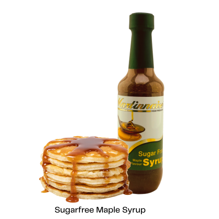 Bottle of sugarfree, dairy free, gluten free maple flavoured syrup from Martinnaise. 
