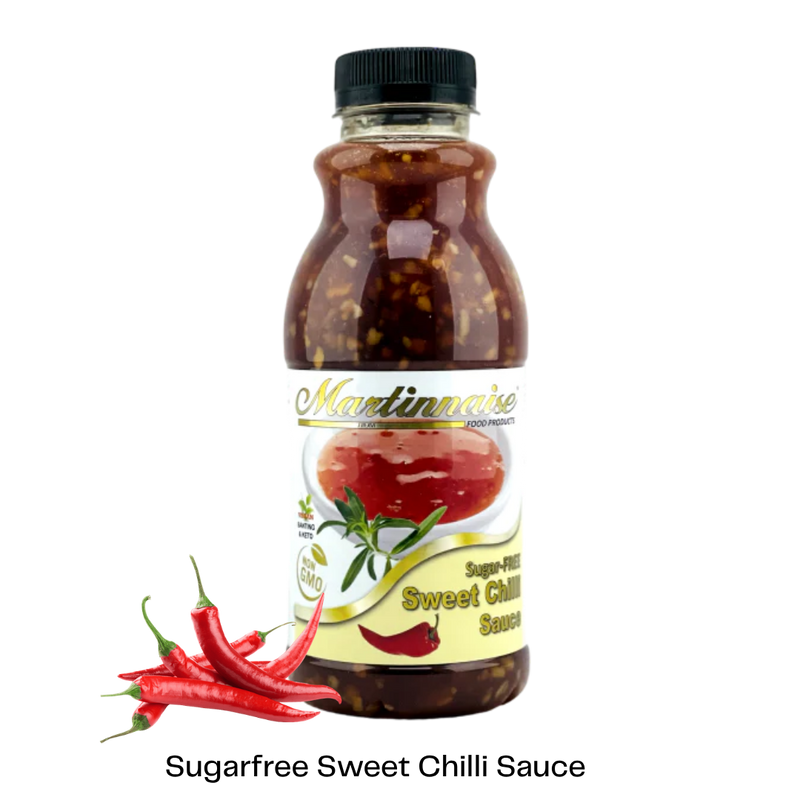 Bottle of sugar free, dairy free, gluten free sweet chilli sauce from Martinnaise. Suitable for Vegan, Diabetics, banting and keto lifestyles. Ingredients are GMO free, Kosher and Halaal.