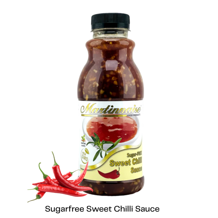 Bottle of sugar free, dairy free, gluten free sweet chilli sauce from Martinnaise. Suitable for Vegan, Diabetics, banting and keto lifestyles. Ingredients are GMO free, Kosher and Halaal.