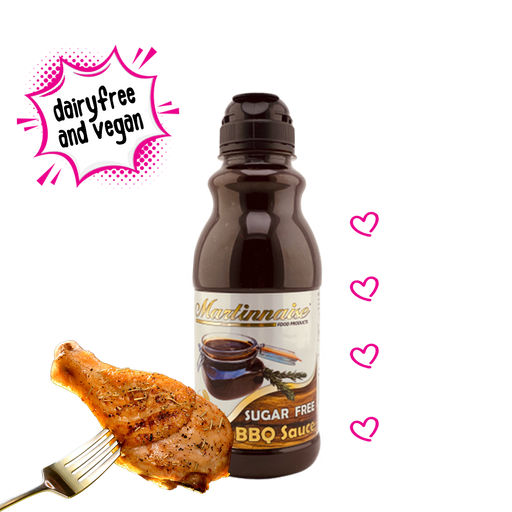 Bottle of sugar free, dairy free, gluten free and vegan barbeque sauce from Martinnaise. Suitable for Diabetics, banting and keto lifestyles