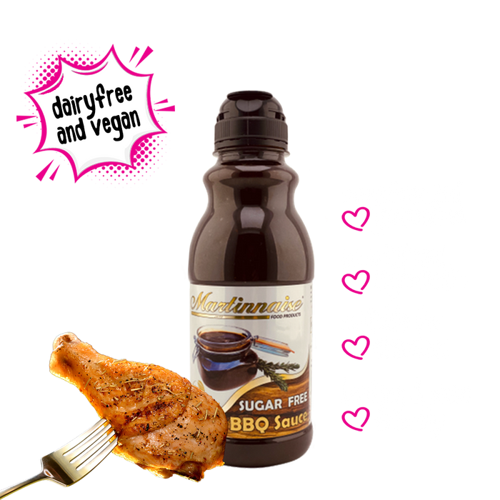 Bottle of sugar free, dairy free, gluten free and vegan barbeque sauce from Martinnaise. Suitable for Diabetics, banting and keto lifestyles