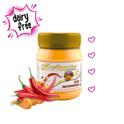 Bottle of Martinnaise Chilli Mayonnaise, which is gluten free as well as dairy free. Is is also free of sugar, soya, starch, preservatives, gluten, MSG. Ingredients are certified non-GMO and are Kosher and Halaal