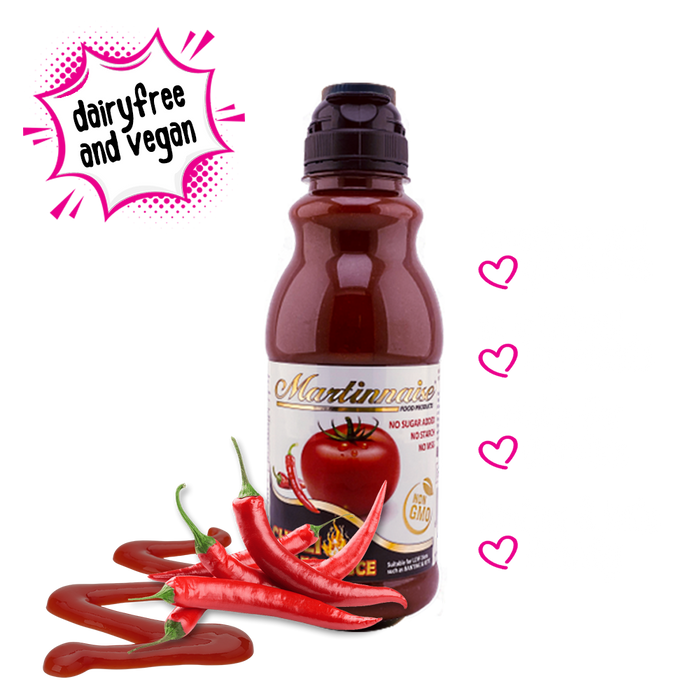 Bottle of sugar free and gluten free chilli tomato sauce from Martinnaise. Suitable for Vegan, Diabetic, banting and keto lifestyles