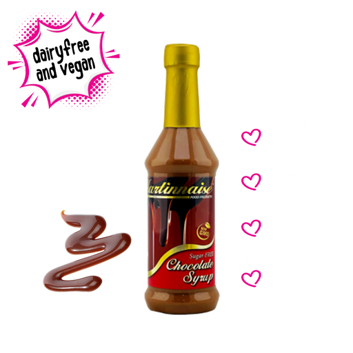 Bottle of sugarfree, dairy free, gluten free chocolate flavoured syrup from Martinnaise. Suitable for Vegan, Diabetics, banting and keto lifestyles. Ingredients are GMO free, Kosher and Halaal.