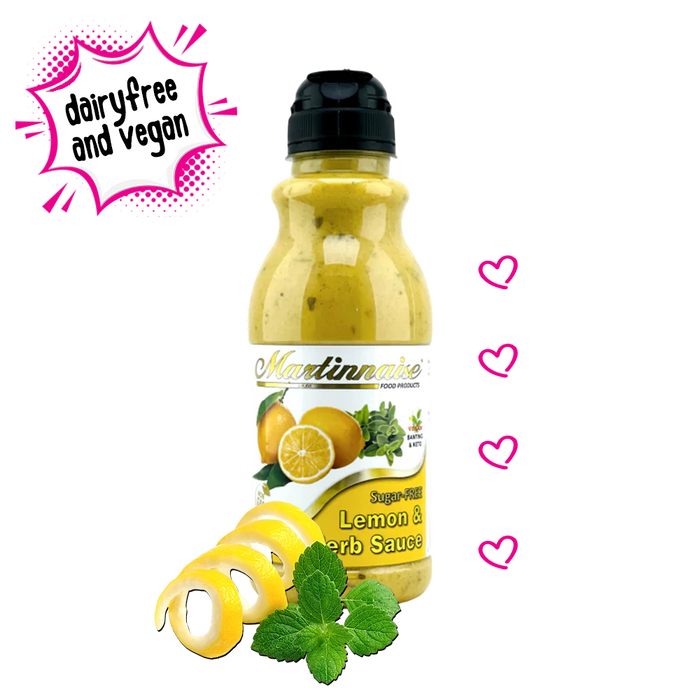 Bottle of Martinnaise Lemon & Herb Sauce, which is dairyfree, glutenfree, sugarfree, and suitable for vegan, diabetic, keto, banting, and low carb lifestyles