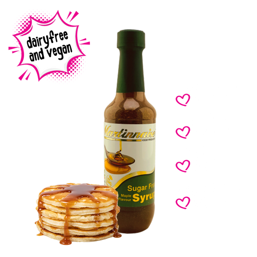 Bottle of sugarfree, dairy free, gluten free maple flavoured syrup from Martinnaise. Suitable for Vegan, Diabetics, banting and keto lifestyles. Ingredients are GMO free, Kosher and Halaal.