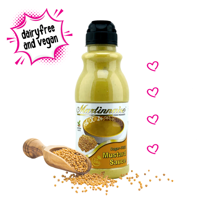 Bottle of Martinnaise Mustard Sauce, which is dairyfree, glutenfree, sugarfree, and suitable for vegan, diabetic, keto, banting, and low carb lifestyles. Ingredients are GMO free, Kosher and Halaal.