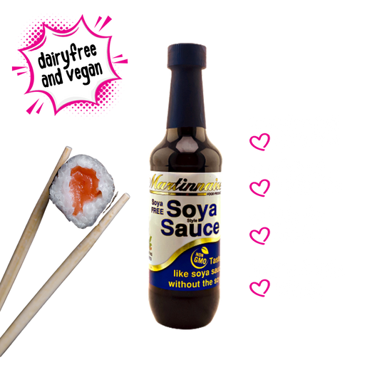 Bottle of sugar free, dairy free, soya free, and gluten free soya style sauce from Martinnaise. Suitable for Vegan, Diabetics, banting and keto lifestyles. Ingredients are GMO free, Kosher and Halaal.