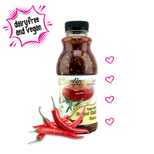 Bottle of sugar free, dairy free, gluten free sweet chilli sauce from Martinnaise. Suitable for Vegan, Diabetics, banting and keto lifestyles. Ingredients are GMO free, Kosher and Halaal.