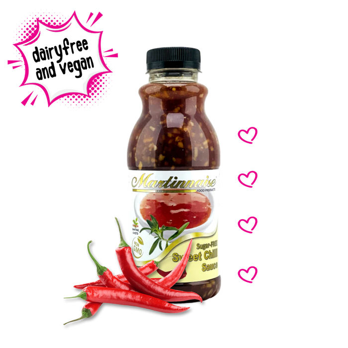 Bottle of sugar free, dairy free, gluten free sweet chilli sauce from Martinnaise. Suitable for Vegan, Diabetics, banting and keto lifestyles. Ingredients are GMO free, Kosher and Halaal.