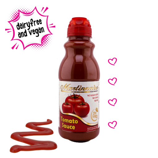 Bottle of sugarfree, dairy free, gluten free tomato sauce from Martinnaise. Suitable for Vegan, Diabetics, banting and keto lifestyles. Ingredients are GMO free, Kosher and Halaal.