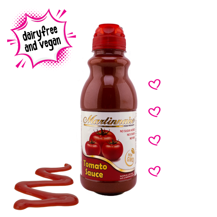 Bottle of sugarfree, dairy free, gluten free tomato sauce from Martinnaise. Suitable for Vegan, Diabetics, banting and keto lifestyles. Ingredients are GMO free, Kosher and Halaal.