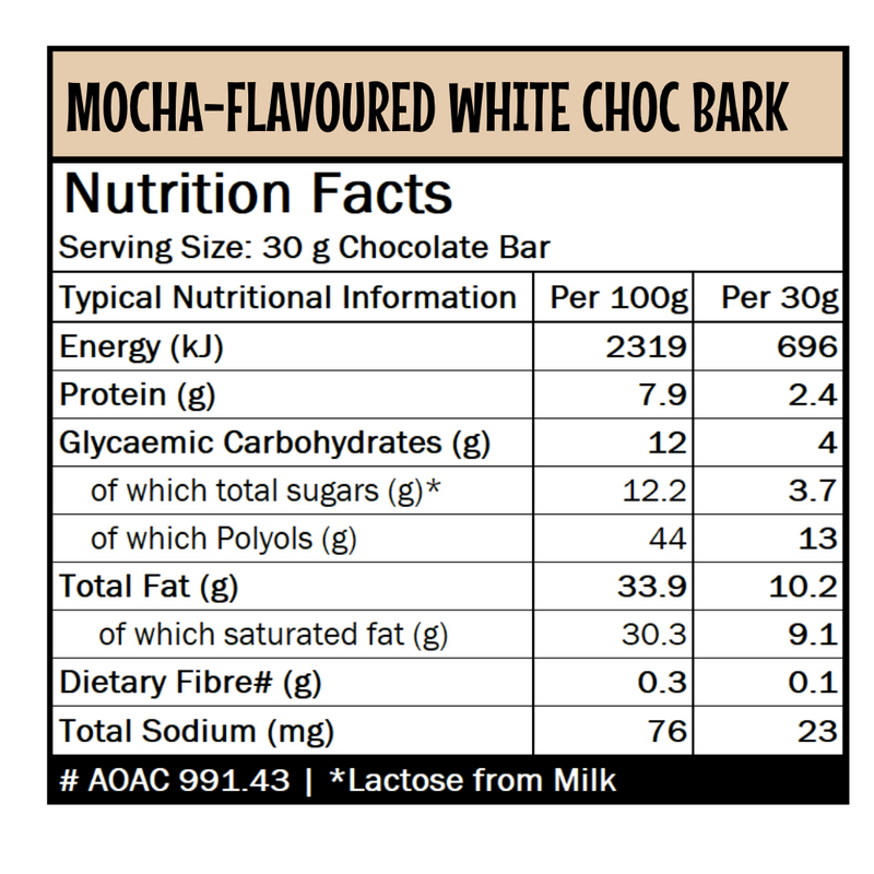 Caring Candies No Added Sugar Choc Bark |  Mocha flavoured White Choc | 100g