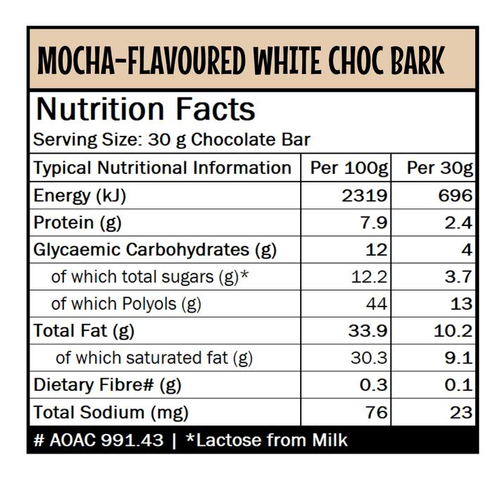 Caring Candies No Added Sugar Choc Bark |  Mocha flavoured White Choc | 100g