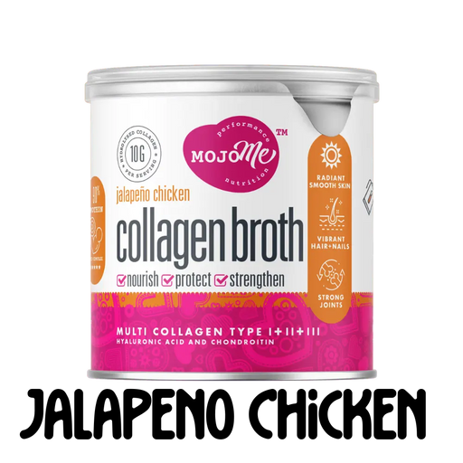 A container of Award Winning MojoMe Instant Multi-Collagen Jalapeno Chicken flavoured Bone Broth 