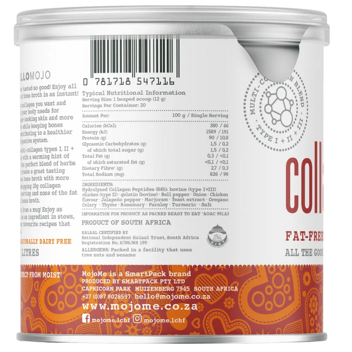 Mojome collagen product can with label and branding details