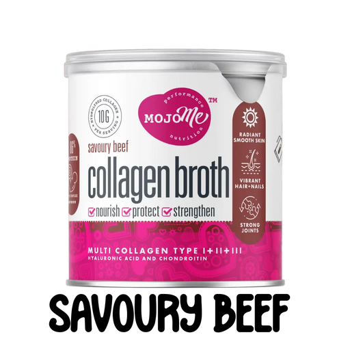 A container of Award Winning MojoMe Instant Multi-Collagen Beef Bone Broth 