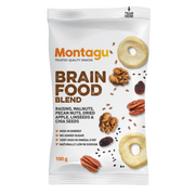 A 100g bag of Montagu Brain Food Blend snack mix, featuring a white packaging design with illustrations of raisins, walnuts, pecans, dried apple, linseeds, and chia seeds.
