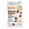 A 100g bag of Montagu Brain Food Blend snack mix, featuring a white packaging design with illustrations of raisins, walnuts, pecans, dried apple, linseeds, and chia seeds.