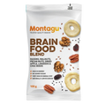 A 100g bag of Montagu Brain Food Blend snack mix, featuring a white packaging design with illustrations of raisins, walnuts, pecans, dried apple, linseeds, and chia seeds.