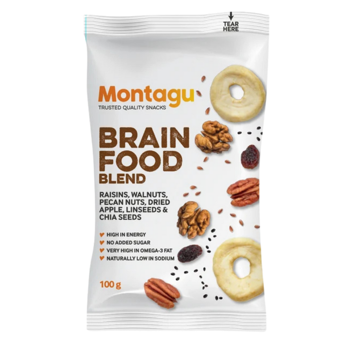 A 100g bag of Montagu Brain Food Blend snack mix, featuring a white packaging design with illustrations of raisins, walnuts, pecans, dried apple, linseeds, and chia seeds.
