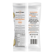 The back of a white Our Story talk snack bag, showing printed product information, ingredients, nutrition facts, and contact details for Montagu in South Africa.