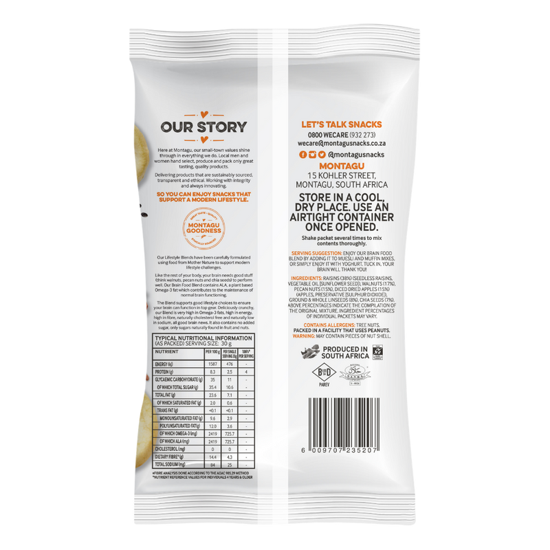 The back of a white Our Story talk snack bag, showing printed product information, ingredients, nutrition facts, and contact details for Montagu in South Africa.