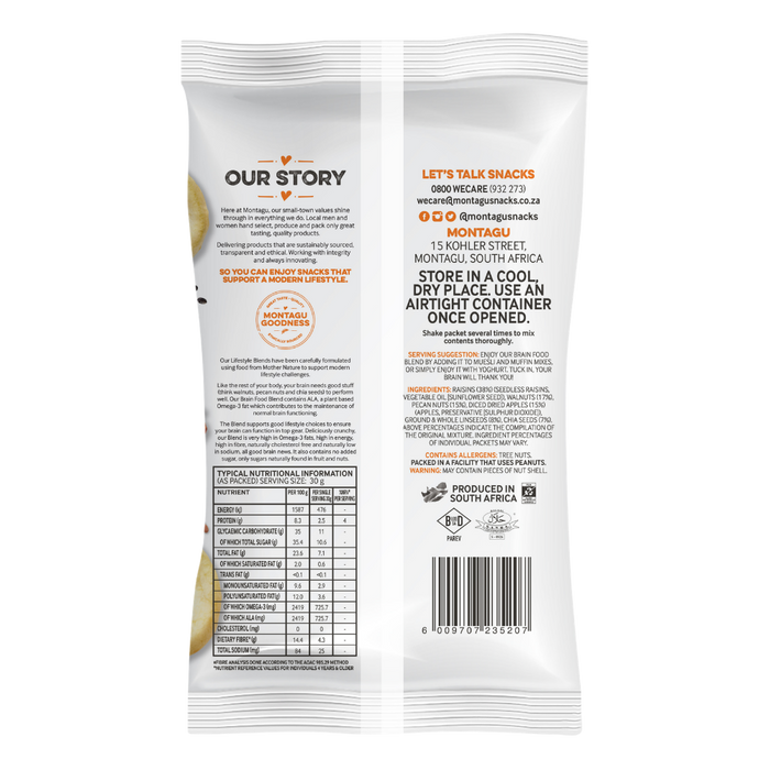 The back of a white Our Story talk snack bag, showing printed product information, ingredients, nutrition facts, and contact details for Montagu in South Africa.