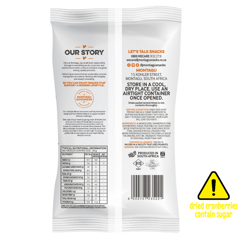 The back of a Montagu dried cranberries snack bag, showing the 'Our Story' section, nutritional information, and a yellow warning label that reads 'dried cranberries contain sugar'.
