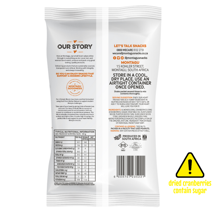 The back of a Montagu dried cranberries snack bag, showing the 'Our Story' section, nutritional information, and a yellow warning label that reads 'dried cranberries contain sugar'.