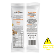 Back of Snacks dried cranberry and ginger snack pouch, showing the full front and back packaging with text, nutrition facts, barcode, and a yellow warning icon that says dried cranberries & ginger contain sugar.