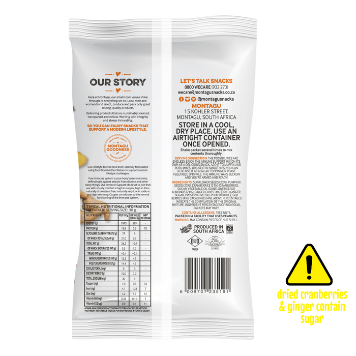 Back of Snacks dried cranberry and ginger snack pouch, showing the full front and back packaging with text, nutrition facts, barcode, and a yellow warning icon that says dried cranberries & ginger contain sugar.