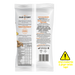 Back of Snacks dried cranberry and ginger snack pouch, showing the full front and back packaging with text, nutrition facts, barcode, and a yellow warning icon that says dried cranberries & ginger contain sugar.