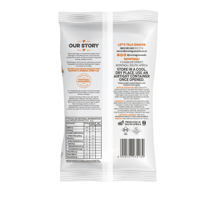 Back of pack view of montagu snacks banting friendly nuts and seed blend