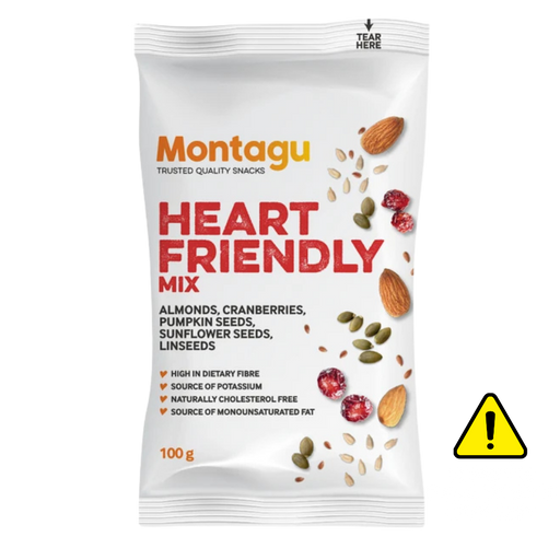 A 100g white stand-up pouch of Montagu Heart Friendly Mix snack. The packaging features the Montagu brand name in orange and 'HEART FRIENDLY MIX' in large red text, with illustrations of almonds, cranberries, pumpkin seeds, and sunflower seeds scattered on the front.