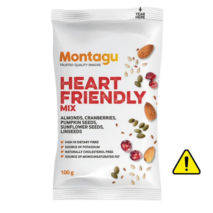 A 100g white stand-up pouch of Montagu Heart Friendly Mix snack. The packaging features the Montagu brand name in orange and 'HEART FRIENDLY MIX' in large red text, with illustrations of almonds, cranberries, pumpkin seeds, and sunflower seeds scattered on the front.