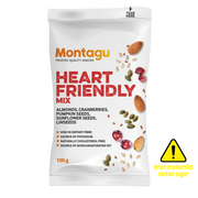 A 100g bag of Montagu Heart Friendly Mix snack. The white packaging features red and orange text, with illustrations of almonds, pumpkin seeds, sunflower seeds, and dried cranberries.