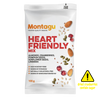 A 100g bag of Montagu Heart Friendly Mix snack. The white packaging features red and orange text, with illustrations of almonds, pumpkin seeds, sunflower seeds, and dried cranberries.