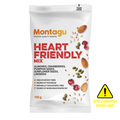 A 100g bag of Montagu Heart Friendly Mix snack. The white packaging features red and orange text, with illustrations of almonds, pumpkin seeds, sunflower seeds, and dried cranberries.