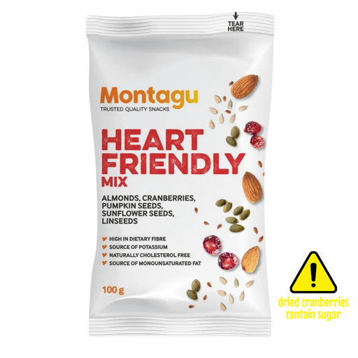 A 100g bag of Montagu Heart Friendly Mix snack. The white packaging features red and orange text, with illustrations of almonds, pumpkin seeds, sunflower seeds, and dried cranberries.
