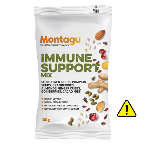 A 100g bag of Montagu Immune Support Mix snack on a white background, with a yellow warning icon overlay on the right.