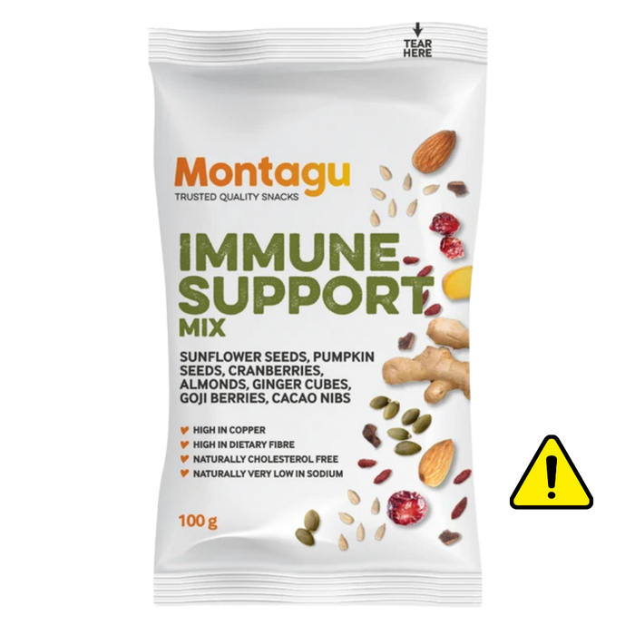 A 100g bag of Montagu Immune Support Mix snack on a white background, with a yellow warning icon overlay on the right.