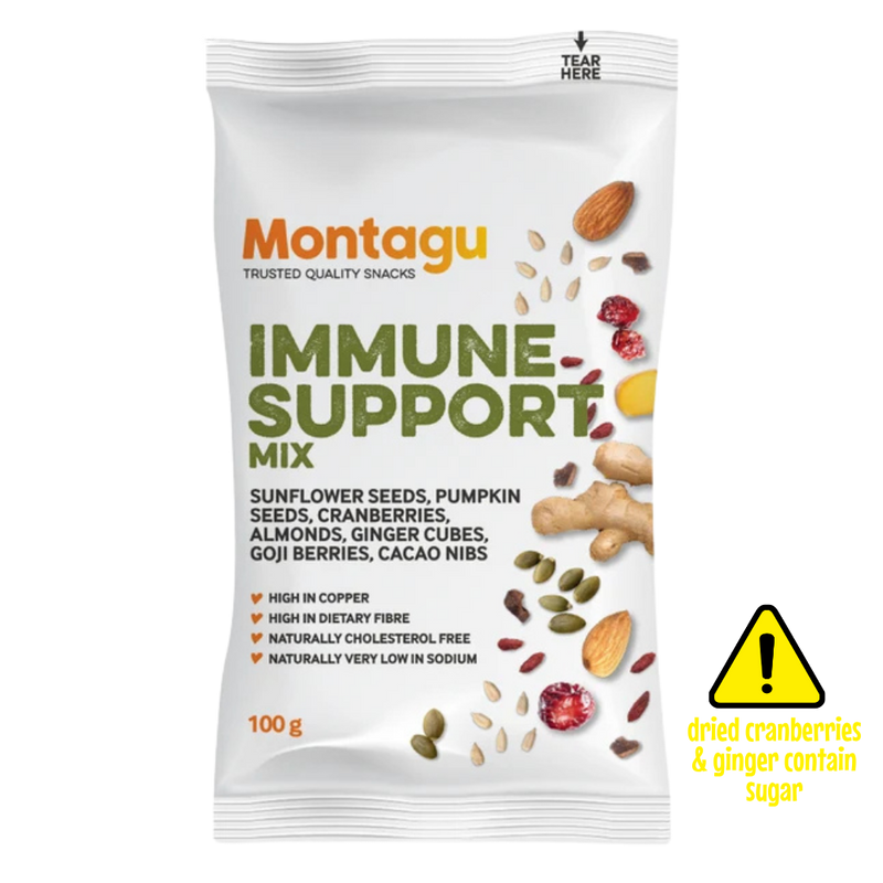 A 100g bag of Montagu Immune Support Mix snack on a clear background, featuring illustrations of various seeds, nuts, and berries, with a yellow warning label on the right.