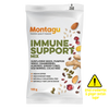 A 100g bag of Montagu Immune Support Mix snack on a clear background, featuring illustrations of various seeds, nuts, and berries, with a yellow warning label on the right.