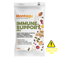 A 100g bag of Montagu Immune Support Mix snack on a clear background, featuring illustrations of various seeds, nuts, and berries, with a yellow warning label on the right.