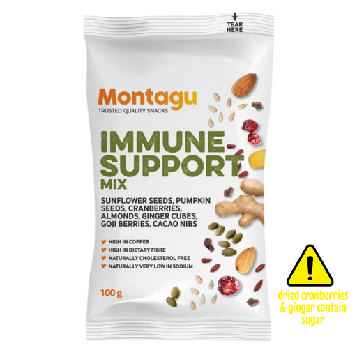 A 100g bag of Montagu Immune Support Mix snack on a clear background, featuring illustrations of various seeds, nuts, and berries, with a yellow warning label on the right.