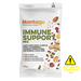A 100g bag of Montagu Immune Support Mix snack on a clear background, featuring illustrations of various seeds, nuts, and berries, with a yellow warning label on the right.
