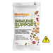 A 100g bag of Montagu Immune Support Mix snack on a white background, with a yellow warning icon overlay on the right.